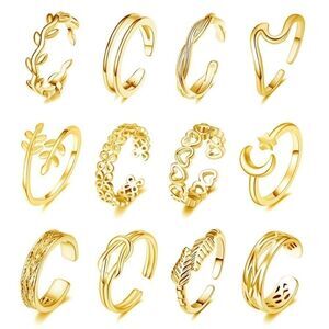 Yellow Gold Adjustable Open Toe Rings - Set of 12